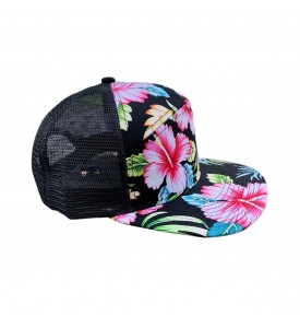 Cap 7 Panel Black Cap with Mesh and Pink Lilies