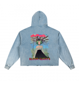 Hoodie -100% Cotton 340 gsm. Mira "Bloom Always" One size  L - Vintage Washed Blue