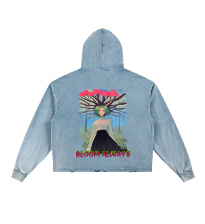 Hoodie -100% Cotton 340 gsm. Mira "Bloom Always" One size  L - Vintage Washed Blue