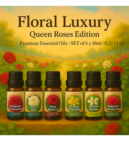 Rose, Jasmin, Mimosa Essential Oils. Exclusive Set of 6 Exquisite Essential & Absolute Oils for Body and Soul Harmony.