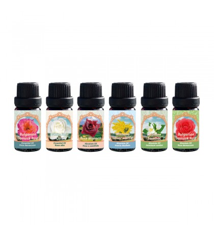Bulgarian Rose, Moroccan Rose, White Rose, Jasmin, Mimosa Essential Oils. Exclusive Set of 6 Exquisite Essential & Absolute Oils for Body and Soul Harmony.