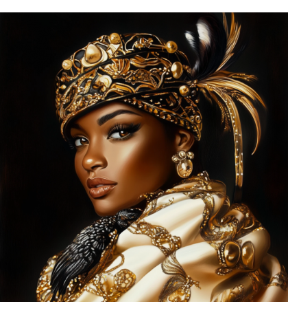 Elegant Woman in Ornate Golden Headdress with Feathers. Print.