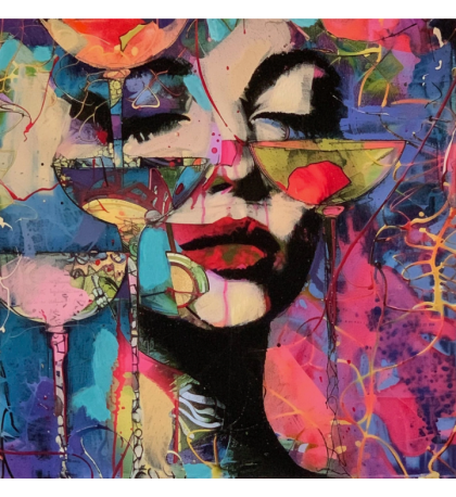 Illusions of Pleasure Abstract Woman Face with Wine Glasses Print