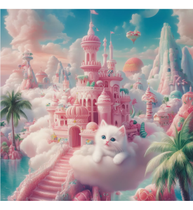 Kitten on a Cloud by a Fairytale Palace, Fantasy Art, Print 40.6 x 40.6 cm