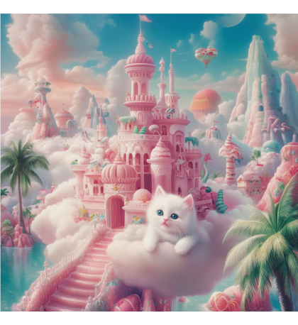 Kitten on a Cloud by a Fairytale Palace, Fantasy Art, Print 40.6 x 40.6 cm Kitten on a Cloud by a Fairytale Palace, Fantasy Art, Print 40.6 x 40.6 cm