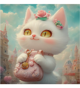 Kitten with a Pink Bag in a Fairytale Town, Fantasy Art, Print 40.6 x 40.6 cm