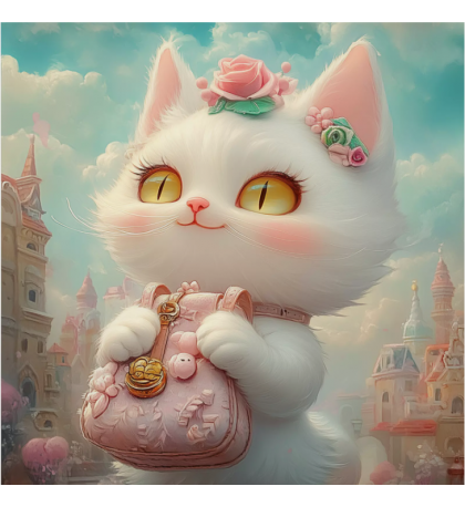Kitten with a Pink Bag in a Fairytale Town, Fantasy Art, Print 40.6 x 40.6 cm