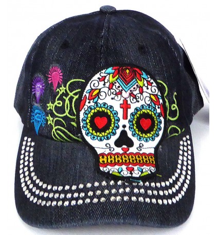 Distressed Denim Baseball Cap with Skull and Metal Rivets. One size