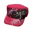 Women's Butterfly Military Cadet Cap Hat Burgundy - Patch Cotton - Studded & Embroidered