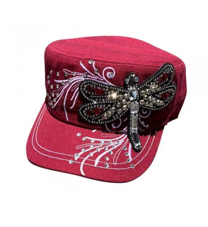 Women's Butterfly Military Cadet Cap Hat Burgundy - Patch Cotton - Studded & Embroidered