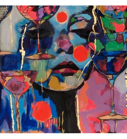Purple Dreams Abstract Woman Face with Wine Glasses Art, Print,40.6 x 40.6 cm