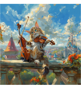 Violinist Kitten with a Fairytale Castle, Fantasy Art Print, 40.6 x 40.6 cm
