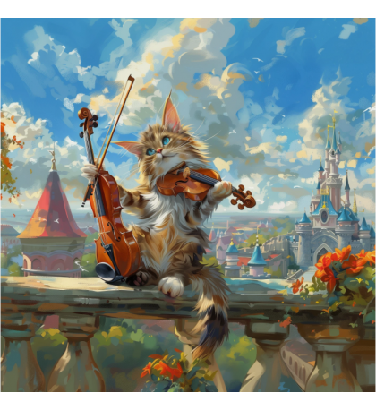 Violinist Kitten with a Fairytale Castle, Fantasy Art Print, 40.6 x 40.6 cm