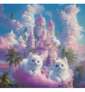 White Kittens in a Cloudy Fairytale City, Fantasy Art, Print 40.6 x 40.6 cm