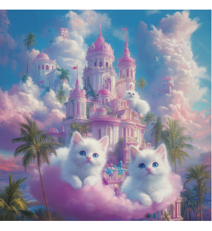 White Kittens in a Cloudy Fairytale City, Fantasy Art, Print 40.6 x 40.6 cm